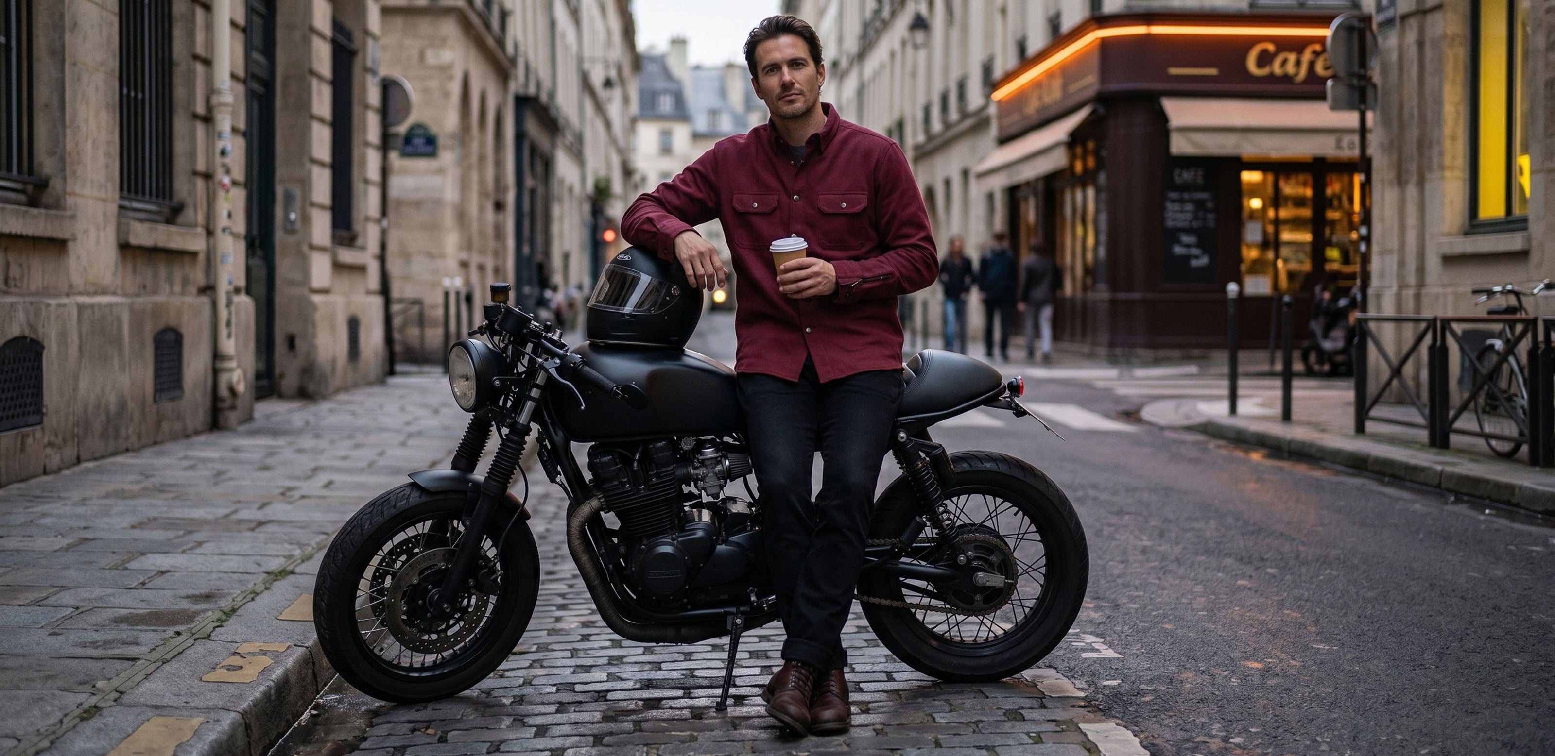 Man standing next to a motorcycle on a city street