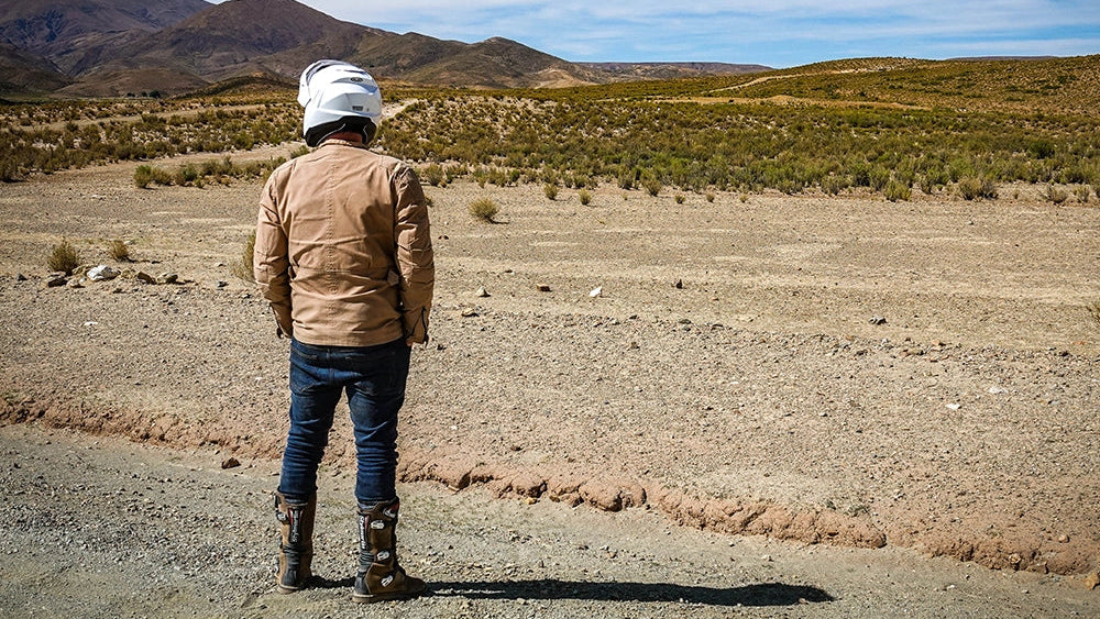 Person standing in a desert landscape with mountains in the background
